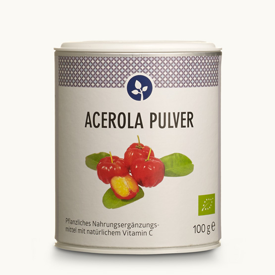Bio Acerola Pulver mit 17% natürlichem Vitamin C in der praktischen Membrandose.